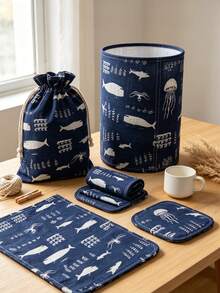 قماش بنسيج كتاني بطبعة حوت أزرق داكن، قماش بنمط الحياة البحرية والحيوانات البحرية، مناسب للفساتين ومفارش الطاولة وأغطية الوسائد والحقائب اليدوية وديكور المنزل ومشاريع الخياطة اليدوية - متعدد الألوان - مشاهدة 8