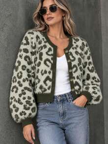 Women's Leopard Print Short Cardigan, Fashionable Round Neck Long Sleeve, Button Front, Polyester Material - Daily Wear New Year Essential - Army Green - View 4
