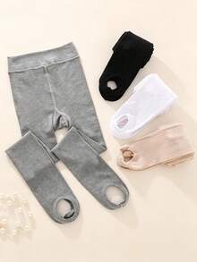 1pc Girls Solid Color Flat Knit Stirrup Tights, All Season Base Layer Leggings For Home, Sports And Casual Wear - Khaki - View 3