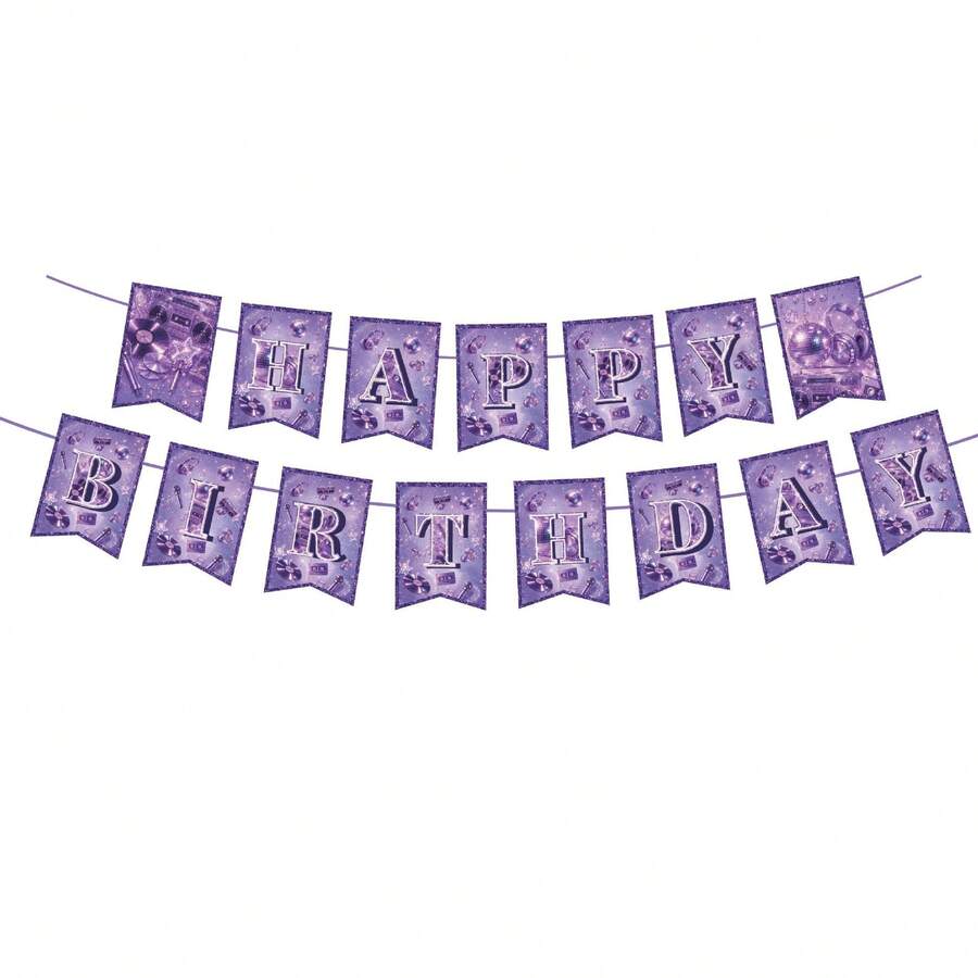 1 Set Happy Birthday Triangle Flag Banner, Purple Disco Retro Music ...