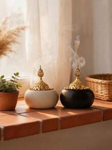 1pc Round Metal & Ceramic Handheld Incense Burner, 2 Colors White & Black, Minimal Natural Luxury Style, Aromatherapy Decor. Perfect For Home, Office, Hotel, Halloween, Christmas & Ramadan Decor. - Incense Burner - View 3