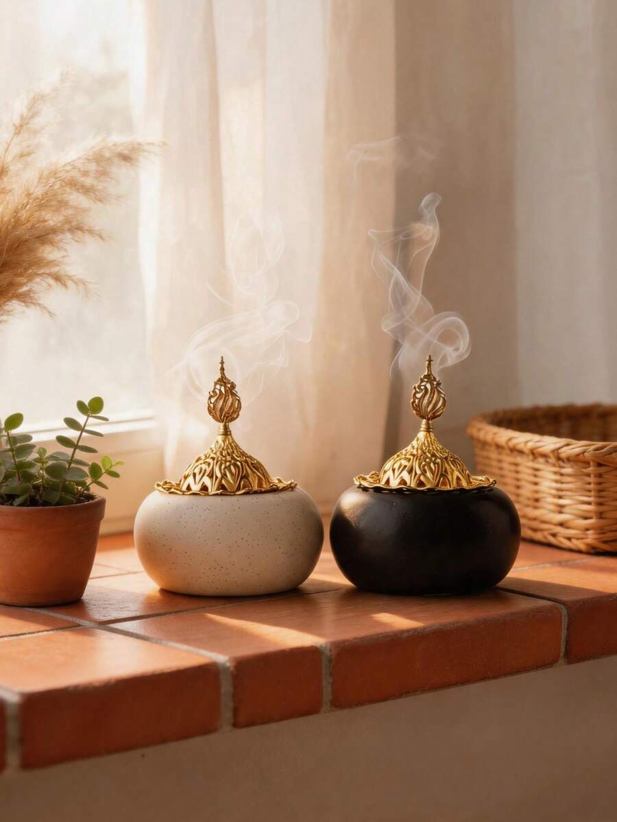 1pc Round Metal & Ceramic Handheld Incense Burner, 2 Colors White & Black, Minimal Natural Luxury Style, Aromatherapy Decor. Perfect For Home, Office, Hotel, Halloween, Christmas & Ramadan Decor. - Incense Burner - View 1