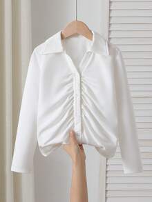 Tween Girls' White Long Sleeve Shirt, Turn-Down Collar Button Up Blouse, Student Performance Wear, School Uniform, Suitable For Vacation, Learning, Performance - White - View 4