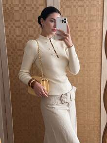 Women's Y2K Cream Beige Stand Collar Open Front Hollow Out Long Sleeve Slim Fit Ribbed Knit Sweater Top, Campus Style White Fall - White - View 8