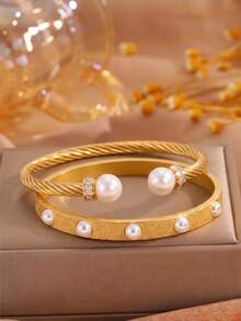 2pcsGolden Tone Stainless Steel 2Pcs Bangle Set, Twisted Cable & Textured Faux Pearl Bangle, Stackable Elegant Wrist Jewelry - Gold - View 7
