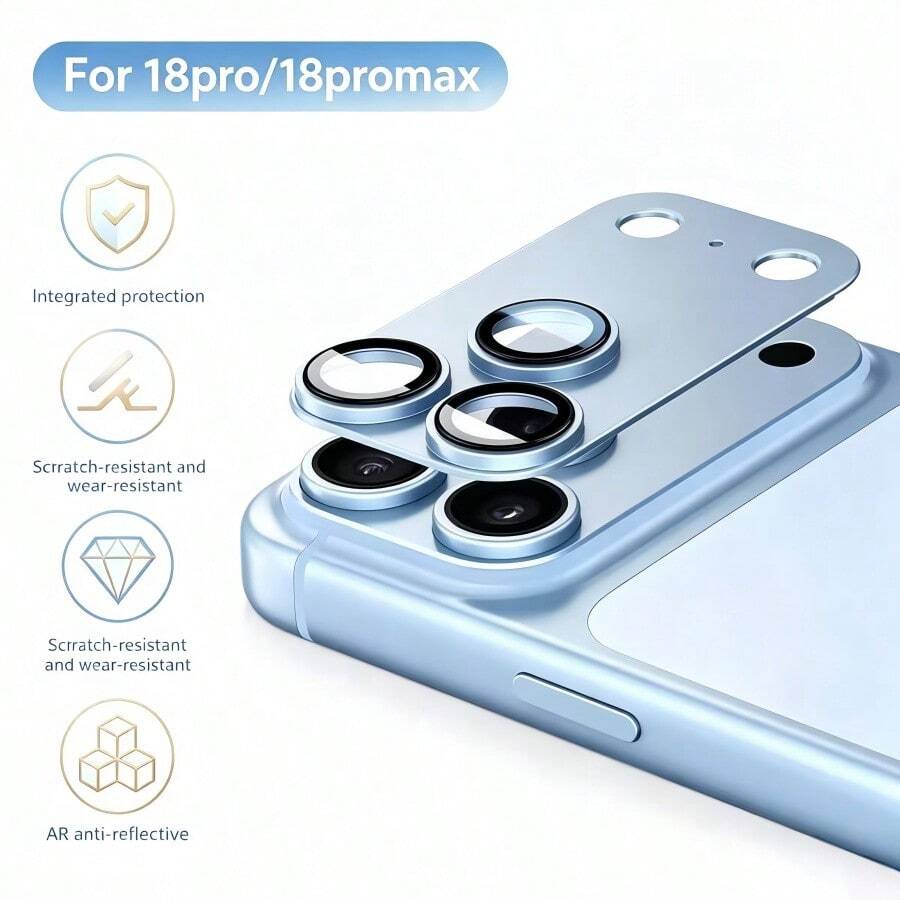 2026新款藍色鏡頭膜，適用於 18 Pro/18 Pro Max相機保護膜，金屬底座有效防止刮傷，AR高畫質玻璃鏡面，時尚手機配色