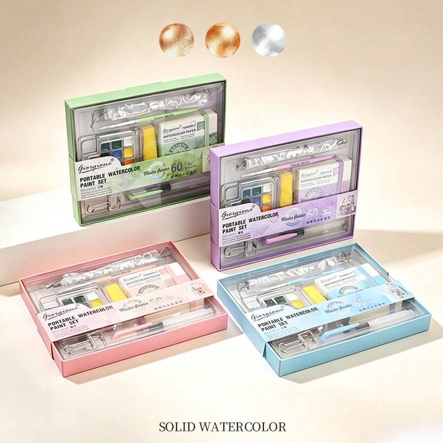 15 Colors Solid Watercolor Paint Travel Set, Portable Storage Art Painting Sketching Watercolor Paint Acrylic Box Mini Outdoor Quick Sketching Set, Student Hand Drawing Journal Art Painting Tools - Pink Set - View 1