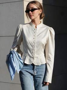 Women's Spring Fall White Woven Stand Collar Puff Sleeve Button Front Cropped Blouse, Elegant Office Daily Date Night Party Vacation Travel Wear - White - View 4