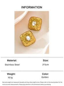 1 Pair Minimalist Niche Design Versatile Textured Micro-Inlaid White Faux Gemstone Geometric Stainless Steel Earrings Suitable For Women's Daily, Vacation, And Party Wear - Gold - View 6
