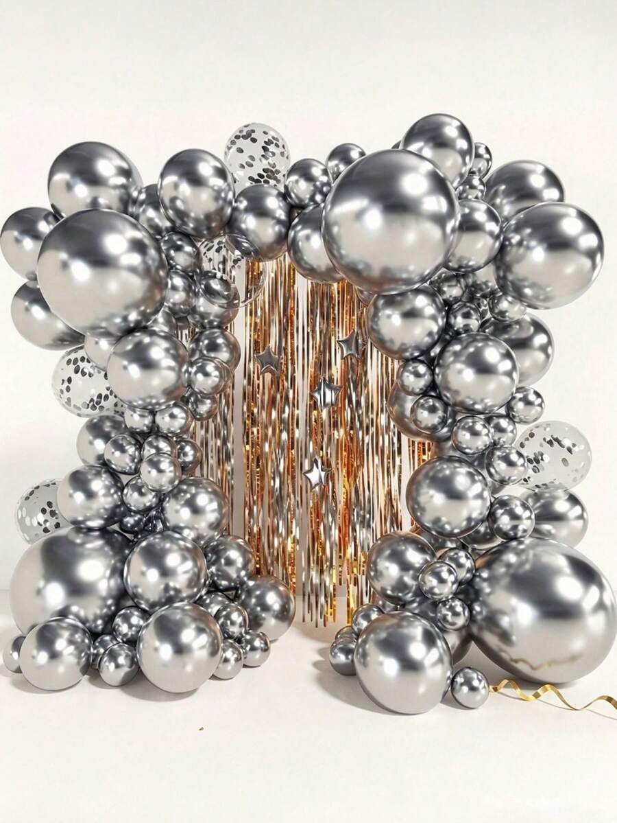 129pcs Metallic Silver Latex Balloon Set, Includes 18/12/10/5 Inch, Suitable For Birthday Party, Graduation Ceremony, Wedding, Holiday, Easter Decoration, Foil Sequin Balloons - Multicolor - View 1