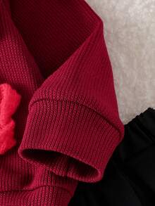 Baby Girl Spring/Autumn Fashion 2-Piece Set, Burgundy 3D Crochet Button Cardigan Knit Jacket + Black Pleated Skirt Outfit - Burgundy - View 5