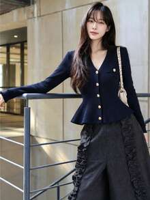 Women's Autumn/Winter Korean Style Slimming Waist Ruffle V-Neck Metal Button Knit Cardigan, Navy Blue Top, Suitable For Casual Outings, Halloween Events, Shopping - Navy - View 2