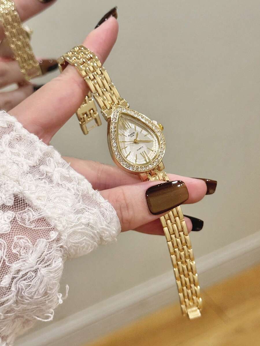 優雅金色調女士石英手錶,白色錶盤搭配混合時標與水鑽裝飾錶圈,日常穿搭的時尚之選 - 金色 - 查看 1