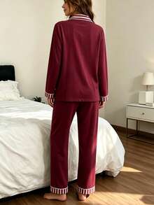 Women's Striped Pajama Set, Long Sleeve Notched Collar Top & Long Straight Pants 2 Pieces Lounge Set, Sleepwear For Spring Autumn Winter Home Outfit - Burgundy - View 3