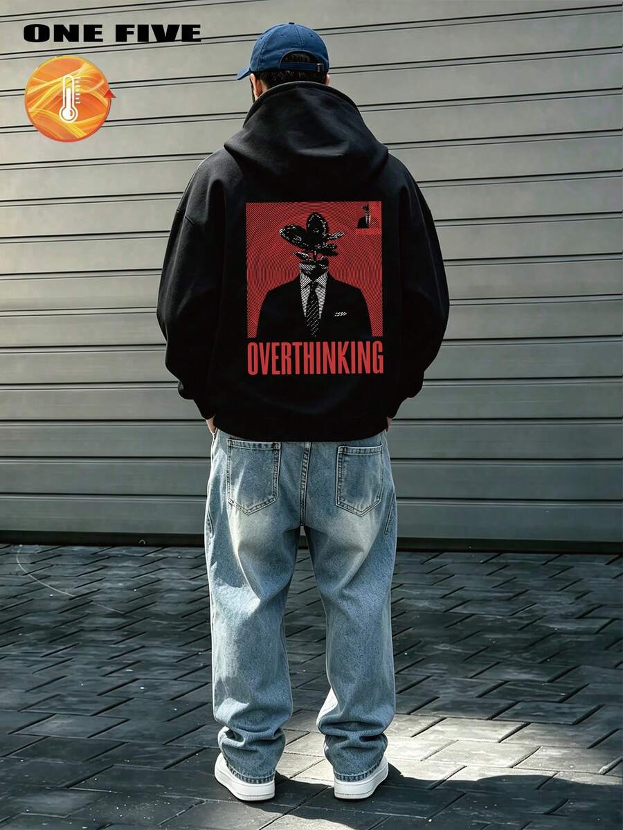 Plus Size Men's Character & Letter Print Hoodie Sweatshirt, Fall/Winter, Long Sleeve Top - Black - View 1