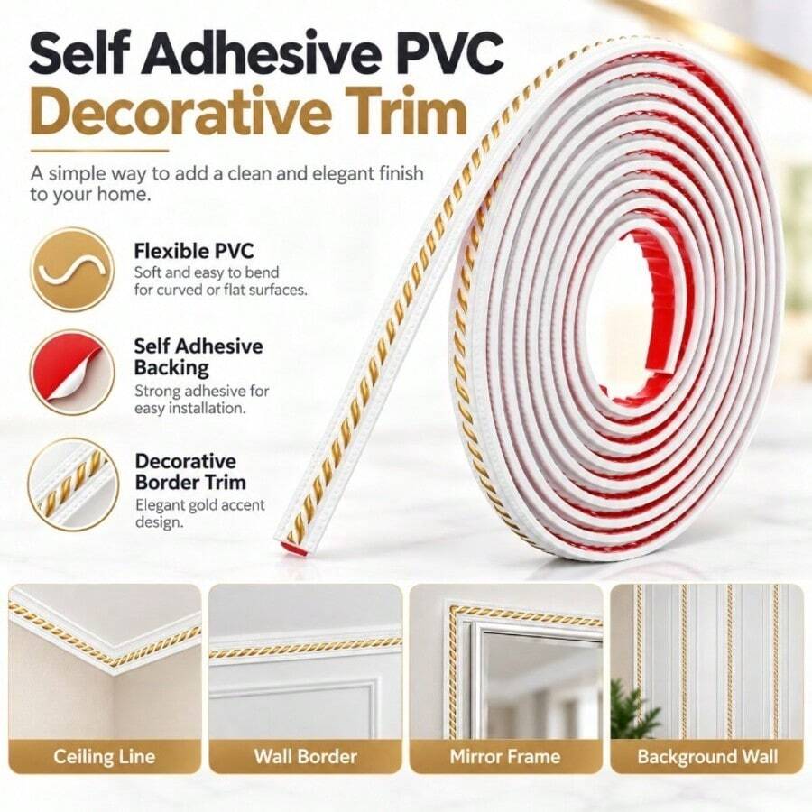 1PC 12MM*1/3/5M/39.37/118.11/196.85IN PVC Self Adhesive Molding Trim Flexible Decorative Strip For Mirror Frame Ceiling Wall TV Background - Multicolor - View 1