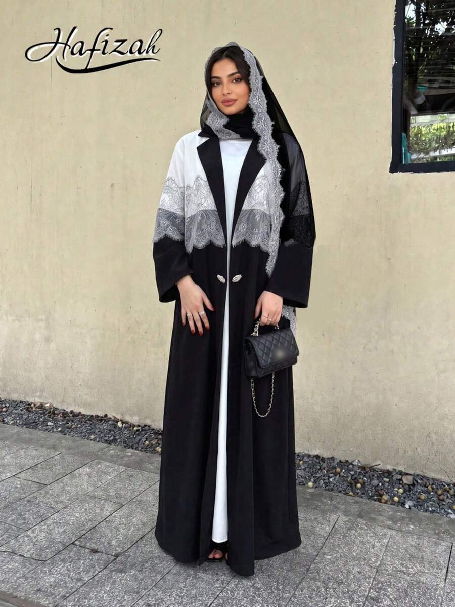 Hafizah New Lace Trim Patchwork Headscarf Collar Abaya Outerwear For Women Spring Black Fall - Black - View 1