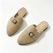 Women's Pointed Toe Buckle Decor Flat Mule Shoes, Daily Commute Casual Slip-On Closed Toe Backless Loafer Mules - Khaki - View 6