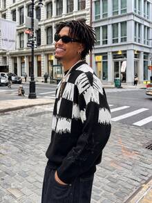 ANDREILEE Checkered Pattern Streetwear Unisex Sweater, Suitable For Autumn And Winter - الأسود - مشاهدة 3