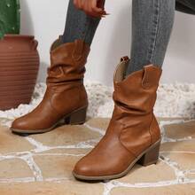 Ruched Women's Ankle Boots, Western Style High Heel Boots, Chunky Heel, Versatile - Camel - View 10