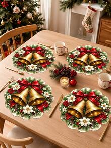 2/4/600pcs Christmas Party Flower Placemats - Poinsettia, Bow, Golden Bell, Berry; 13.78 Inch Linen Material; Tabletop Decor Non-Slip, Heat-Resistant And Machine Washable - Multicolor - View 1