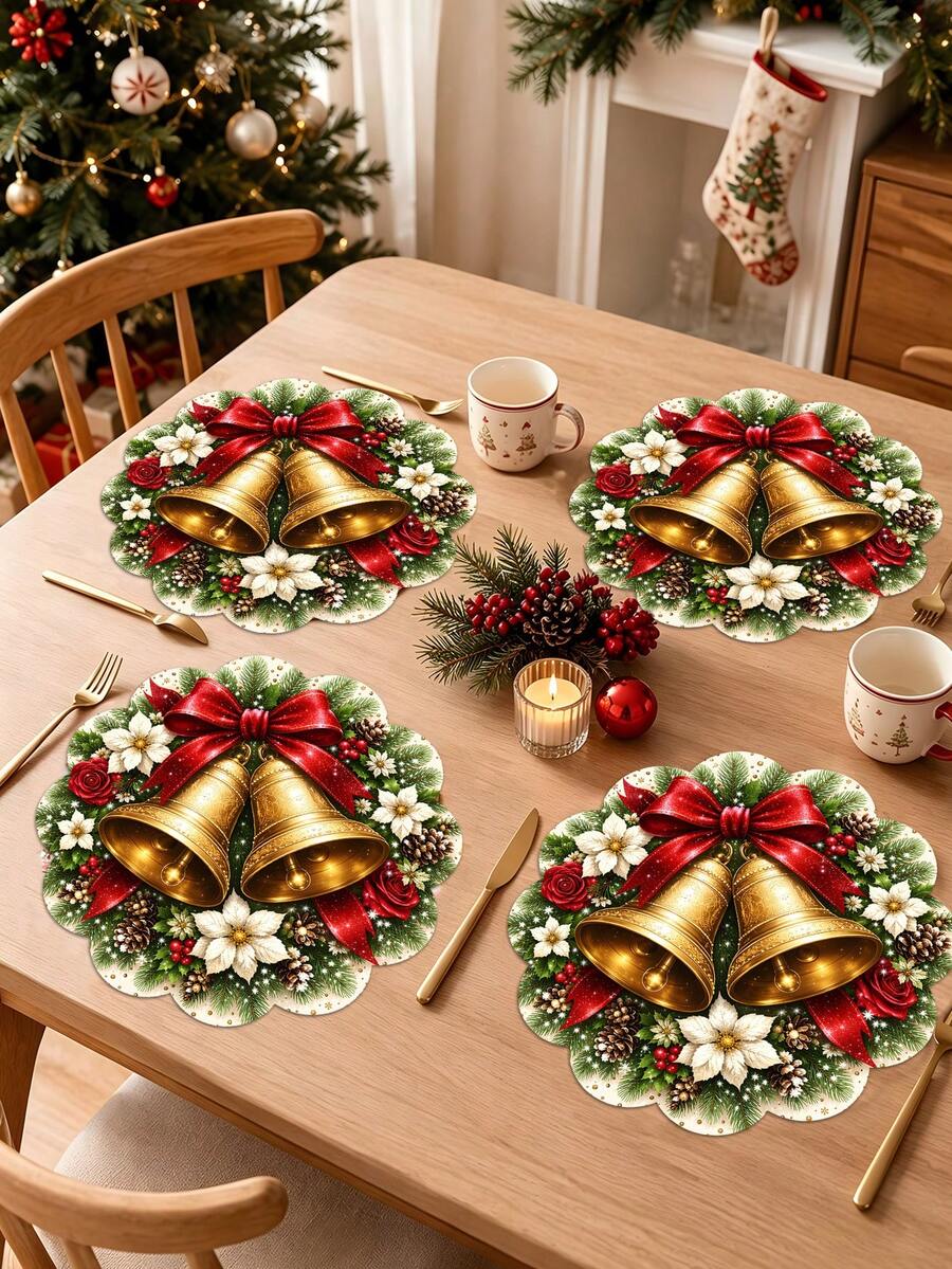 2/4/600pcs Christmas Party Flower Placemats - Poinsettia, Bow, Golden Bell, Berry; 13.78 Inch Linen Material; Tabletop Decor Non-Slip, Heat-Resistant And Machine Washable - Multicolor - View 1