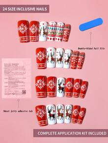 Christmas 24pcs Medium Square Press-On Nails, Featuring Snowflake, Deer, Heart, Christmas Sweater Pattern Design, Acrylic Material, Includes 1 Jelly Glue And 1 Nail File, Suitable For Autumn/Winter Christmas Use - Multicolor - View 6