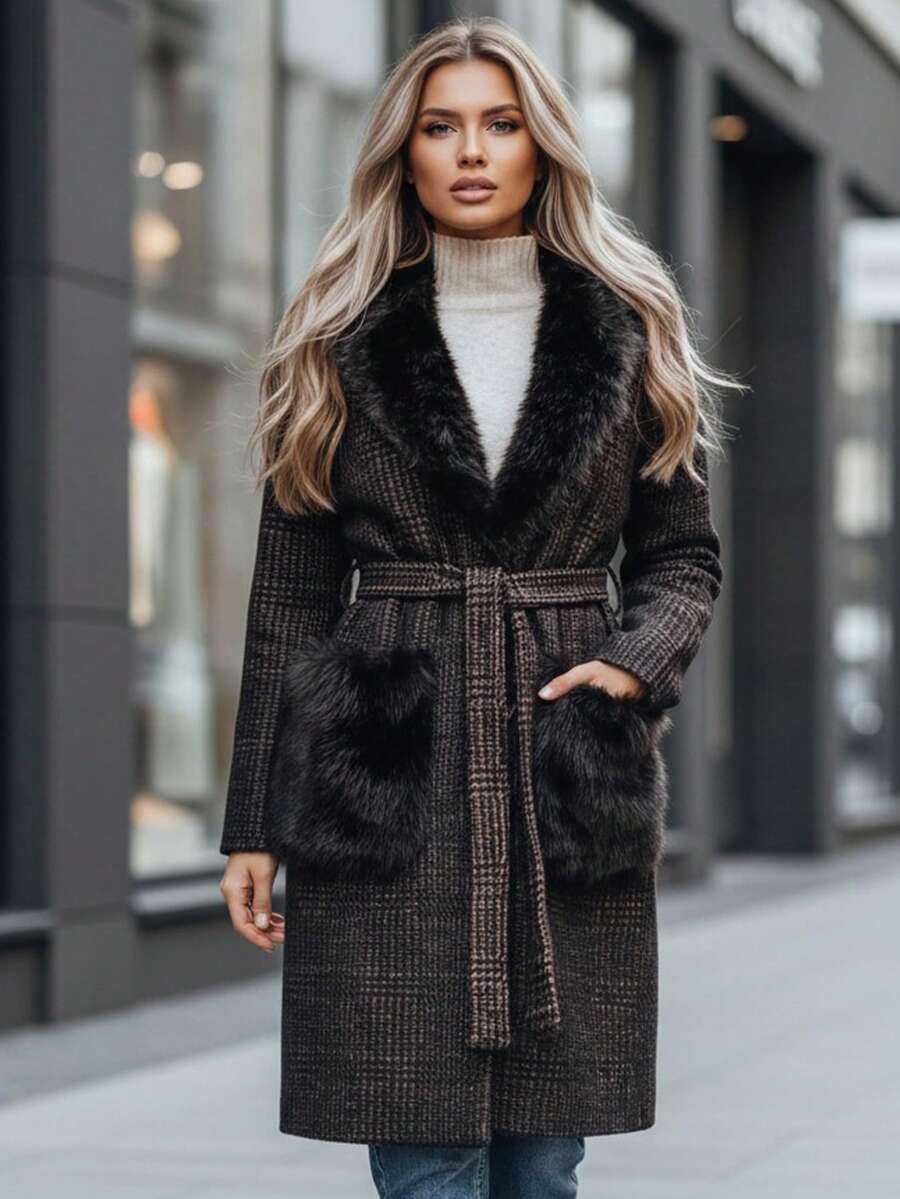 Women's Knee-Length Coat With Faux Fur Collar, Belted Waist, Button Front And Fur-Trim Pockets - Black - View 1