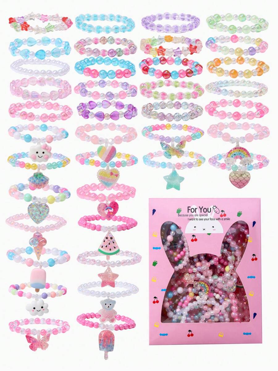 38pcs Girls Random Color Beaded Bracelet Gift Set, Children's Jewelry, Suitable For Daily Wear, Party And Birthday Gift