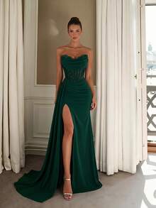 ADYCE Elegant Strapless Lace Patchwork Boning High Waist Lace-Up Backless High Slit Floor Length Evening Gown For Prom, Formal Dinner, Homecoming Party, Wedding - Dark Green - View 5