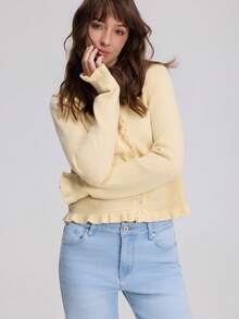 Women's Casual Layered Crew Neck Long Sleeve Knit Cardigan - Yellow - View 5