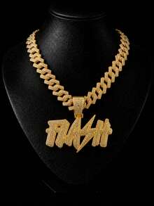 European & American Hip Hop FLASH Letter Pendant Cuban Chain Men's Necklace, Full Rhinestone Shiny Personalized Street Style Rap Party Collarbone Chain Fashion Jewelry - FLASH - View 1