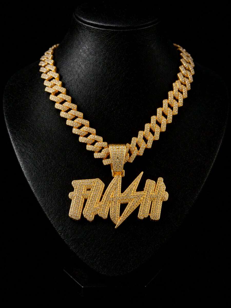 European & American Hip Hop FLASH Letter Pendant Cuban Chain Men's Necklace, Full Rhinestone Shiny Personalized Street Style Rap Party Collarbone Chain Fashion Jewelry - FLASH - View 1