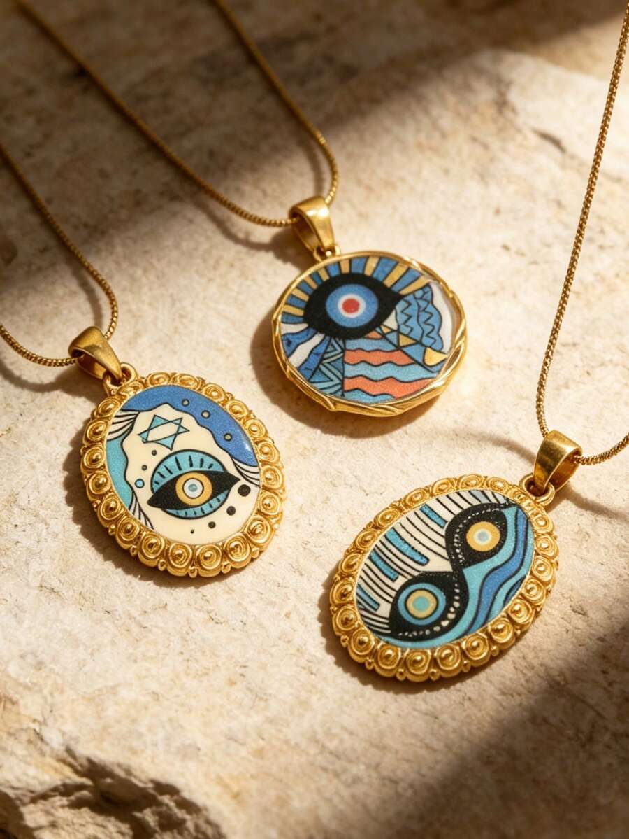 1 Pc Fall Decor 304 Stainless Steel Evil Eye Oval Pendant Necklace, Vintage Enamel Colorful Pattern Snake Chain Necklace Fall Style Jewelry For Women - Necklace - View 1