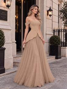 VIPGIRL Elegant Women's Strapless Evening Gown, Ruffle Design, Long Full Skirt, Slightly Elastic Mesh Fabric, Suitable For High-End Evening Events - Khaki - View 4