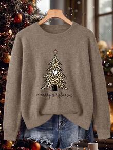 Women's Vintage Christmas Tree Print Long-Sleeve Crew-Neck Sweater With Leopard Print Trim – Christmas Winter Top - Earth Gray - View 7