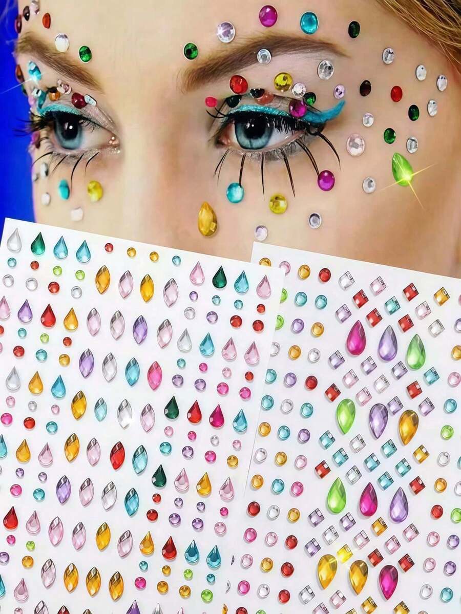 451pcs Rainbow 3D Glitter Gem Stickers, 2pcs Acrylic Glitter Heart Stickers, Self-Adhesive Rhinestone Teardrop Design, Suitable For Makeup And Clothing, Multi-Color Diamond Face Gems, Perfect For Festivals, Parties And Events - Multicolor - View 1