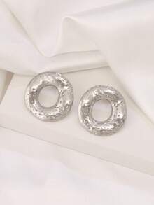 1pair Stainless Steel Round Stud Earrings For Women Fashion Simple Elegant Temperament Gold Color Hollow Texture Earring Jewelry - Earrings - View 4