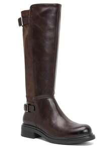 Round Toe Knee High Riding Boots For Women Double Buckle Side Zip Comfortable Low Block Heel Long Boots - Brown - View 2
