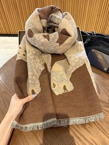 1件裝動物圖案米色女款圍巾，冬季保暖百搭披肩，雙用途冷氣房辦公室披肩，長款加厚護頸保暖巾 - 米色 - 查看 4