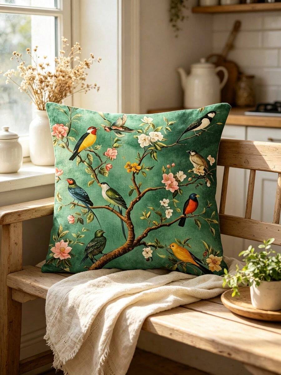 1 Stück grüner Vintage Blumen- & Vogelmuster Kissenbezug - weicher & glatter Polyester Kurzflor Stoff, doppelseitig bedrucktes Muster, Reißverschluss, maschinenwaschbar, elegantes Blumen- & bunter Vogel Design, geeignet für Wohnzimmer, Schlafzimmer und verschiedene Räume, mehrere Größen erhältlich, Kissenfüllung nicht enthalten, 150gsm - Verschiedenfarbig - Übersicht 1