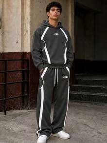 FRACTYR Set Pakaian Olahraga Pria 2 Potong dengan Hoodie Longgar, Motif Garis Blok Warna Melengkung Putih, Pakaian Jalanan - Grey - View 1