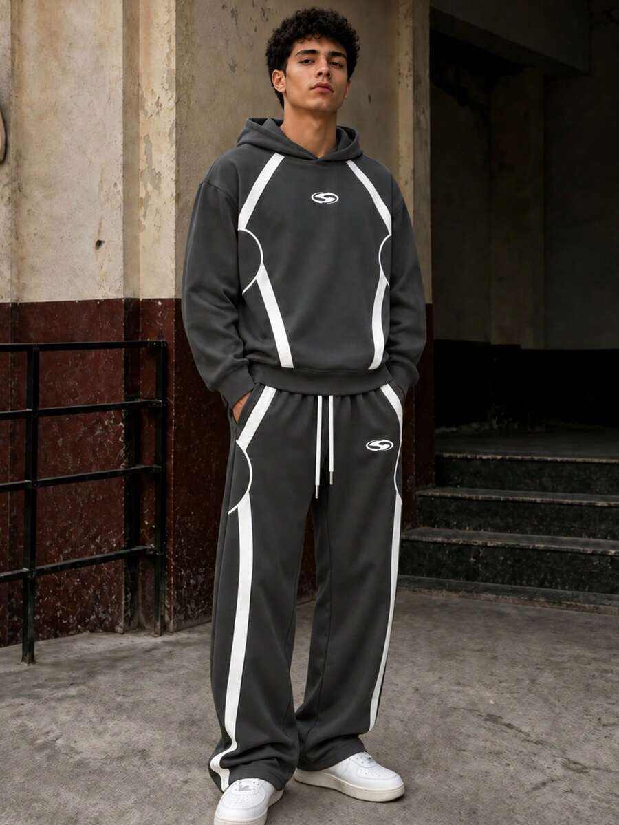 FRACTYR Set Pakaian Olahraga Pria 2 Potong dengan Hoodie Longgar, Motif Garis Blok Warna Melengkung Putih, Pakaian Jalanan - Grey - View 1