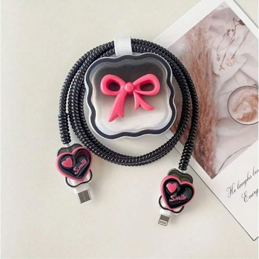 Simple And Stylish Bow-Knot Apple 40W Charger Protective Case Compatible With Iphone 17 Pro Max/16/15 With Data Cable Sleeve. - 40W Black 3D Heart Bow - View 1