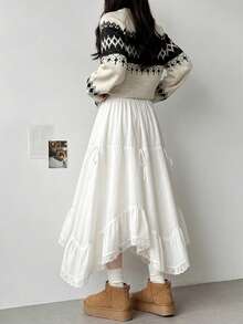 Contrast Lace Asymmetrical Hem Bow Decor Skirt - White - View 5