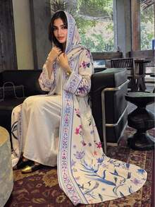 Hafizah Odest 印花開襟外套式長袍與頭巾 2 件套 秋季 - 印花色 - 查看 5