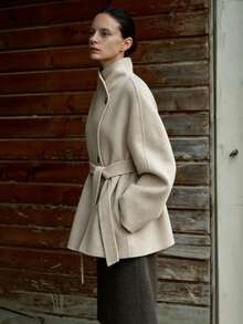 Women's Funnel Neck Tie-Front Long Sleeve Coat, Woven Fabric, Elegant Autumn/Winter Style - Apricot - View 6