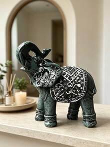 1pc Vintage Distressed Blue Elephant Statue, Upward Trunk Lucky Resin Figurine, Exquisite Mandala Pattern, Feng Shui Wealth Decor, Suitable For Entryway Console And Living Room - Multicolor 1 - View 4