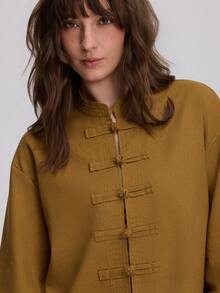 Women's New Chinese Style Long Sleeve Stand Collar Knot Button Linen Shirt - Green - View 6