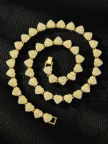 10mm Heart-Shaped Chain Necklace & Bracelet, Elegant Hip-Hop Cuban Chain Design With Crystal Heart Pendant, Suitable For Daily Wear - Full Diamond Heart Chain - View 2